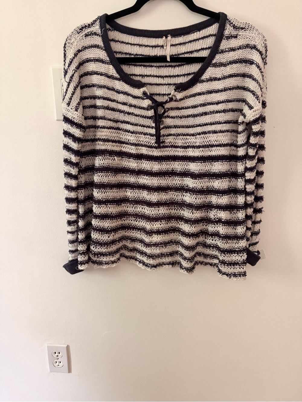 Free People Navy & White Striped Lace-Up Knit Top